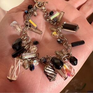 Murano black clear glass sterling silver toggle clasp art deco charm bracelet